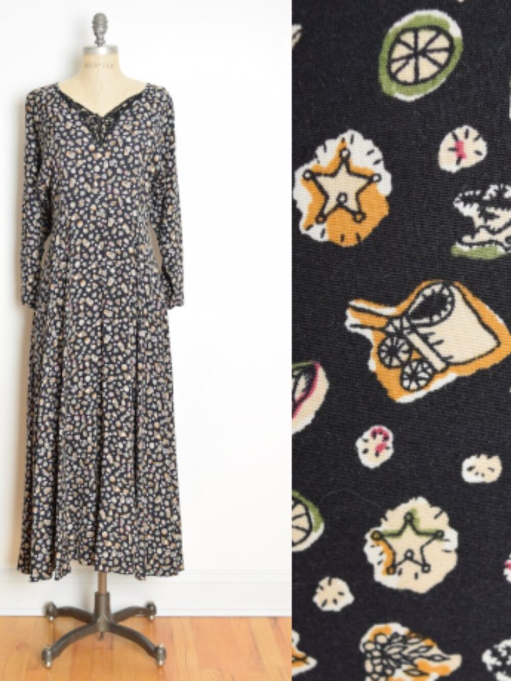 vintage 90s grunge dress black western cowboy novelty print long maxi ZOE M